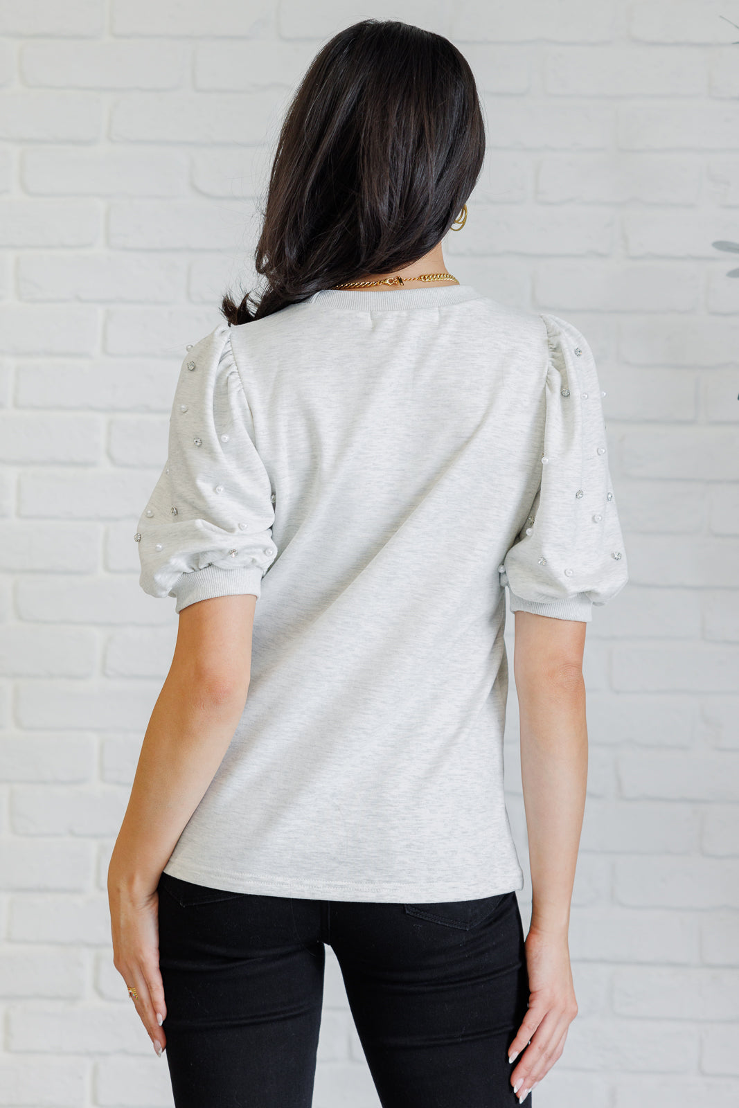 Diamonds and Pearls Puff Sleeve Top in Light Grey-110 Long Sleeve Tops-Inspired by Justeen-Women's Clothing Boutique