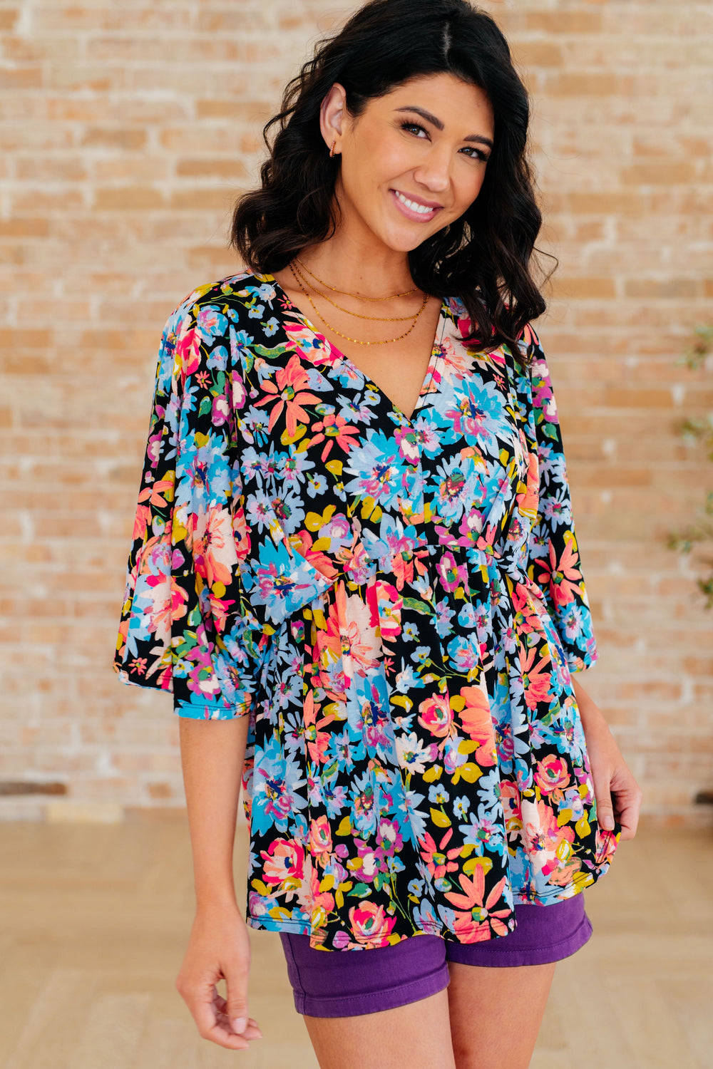 Dreamer Peplum Top in Black Multi Floral-Long Sleeve Tops-Inspired by Justeen-Women's Clothing Boutique in Chicago, Illinois