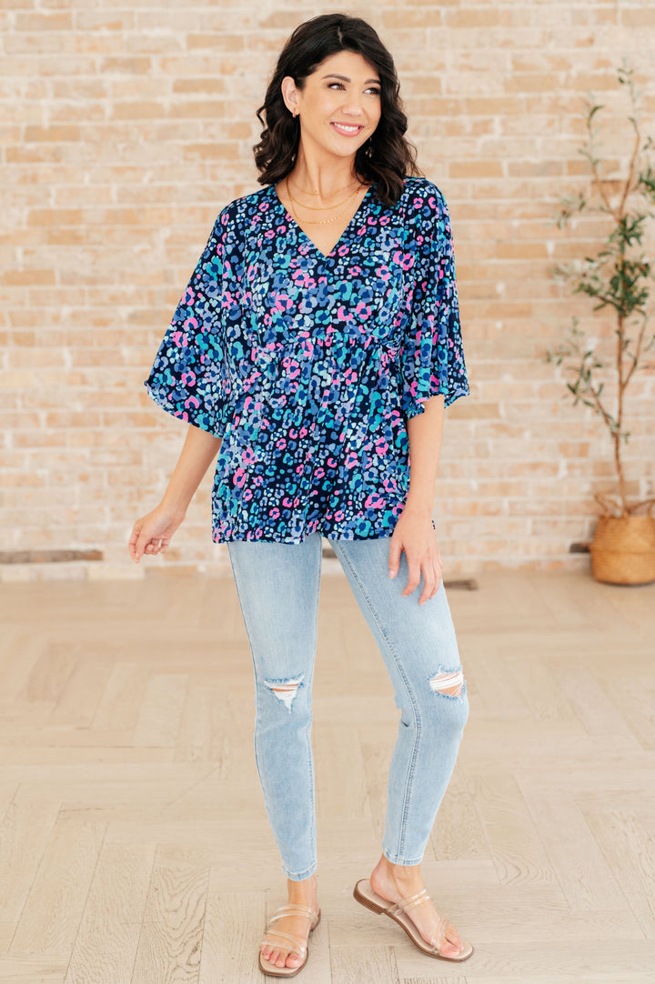 Dreamer Peplum Top in Navy and Lavender Animal Print-Long Sleeve Tops-Inspired by Justeen-Women's Clothing Boutique in Chicago, Illinois