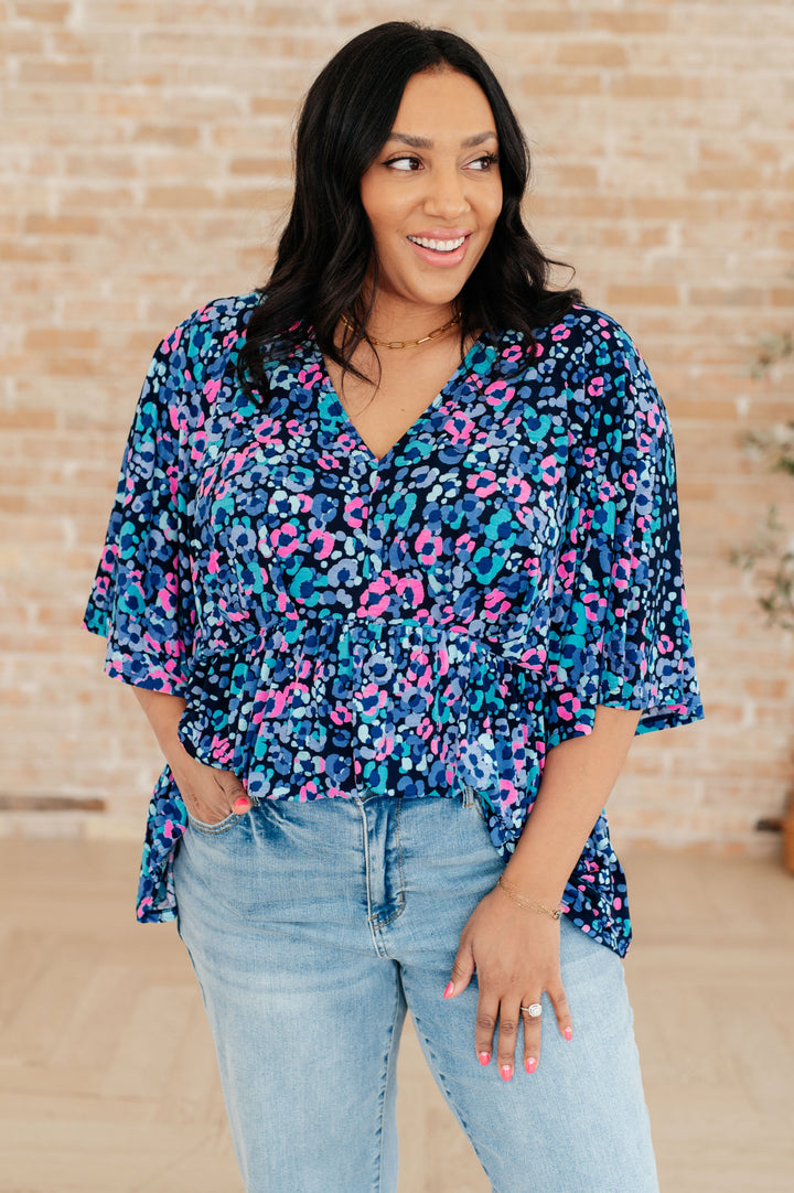 Dreamer Peplum Top in Navy and Lavender Animal Print-Long Sleeve Tops-Inspired by Justeen-Women's Clothing Boutique in Chicago, Illinois