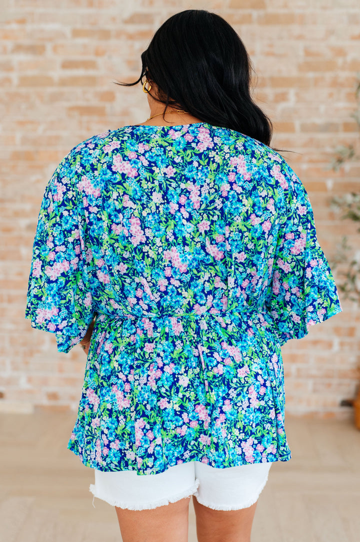 Dreamer Peplum Top in Navy and Mint Floral-Long Sleeve Tops-Inspired by Justeen-Women's Clothing Boutique in Chicago, Illinois