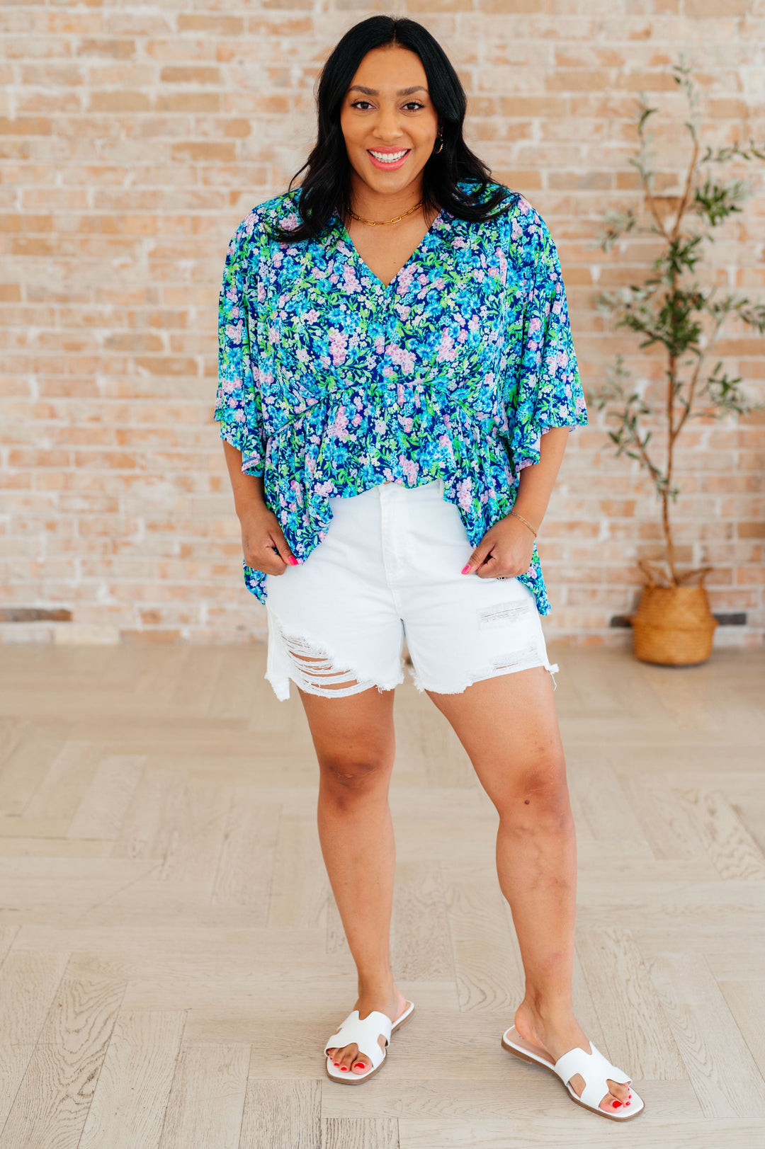 Dreamer Peplum Top in Navy and Mint Floral-Long Sleeve Tops-Inspired by Justeen-Women's Clothing Boutique in Chicago, Illinois