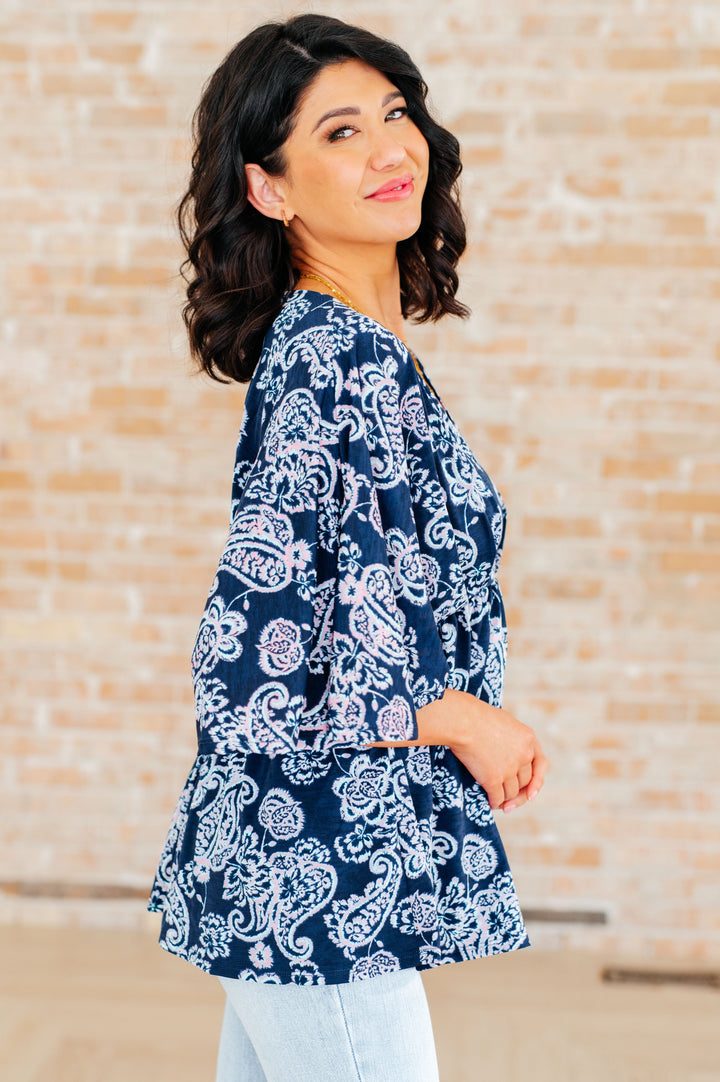 Dreamer Peplum Top in Navy and Pink Paisley-Long Sleeve Tops-Inspired by Justeen-Women's Clothing Boutique in Chicago, Illinois