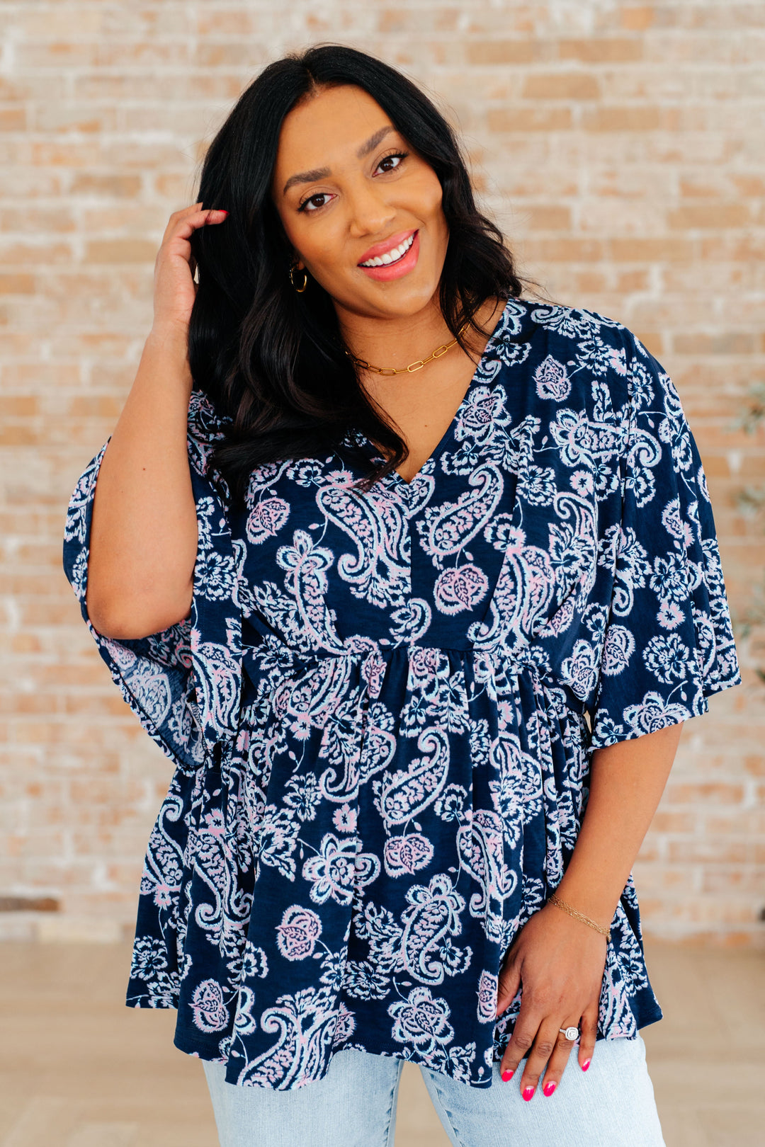 Dreamer Peplum Top in Navy and Pink Paisley-Long Sleeve Tops-Inspired by Justeen-Women's Clothing Boutique in Chicago, Illinois