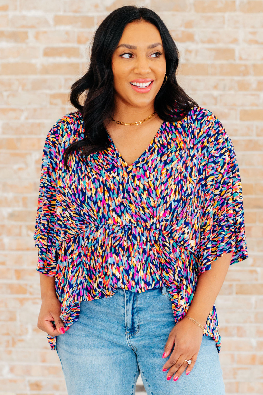 Dreamer Peplum Top in Painted Royal Multi-Long Sleeve Tops-Inspired by Justeen-Women's Clothing Boutique in Chicago, Illinois