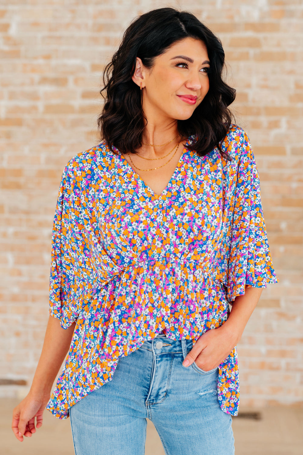 Dreamer Peplum Top in Purple Retro Ditsy Floral-Long Sleeve Tops-Inspired by Justeen-Women's Clothing Boutique in Chicago, Illinois
