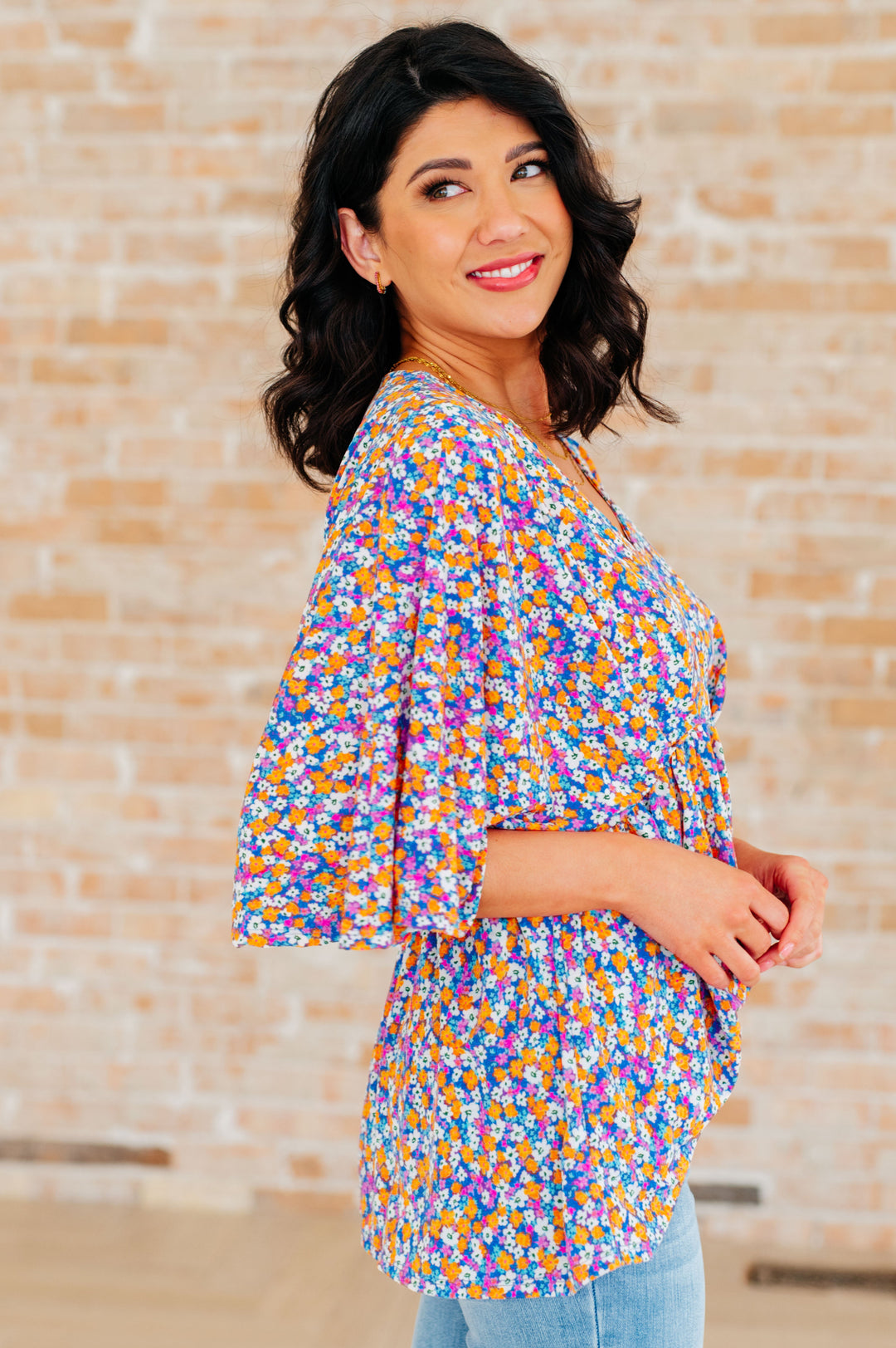 Dreamer Peplum Top in Purple Retro Ditsy Floral-Long Sleeve Tops-Inspired by Justeen-Women's Clothing Boutique