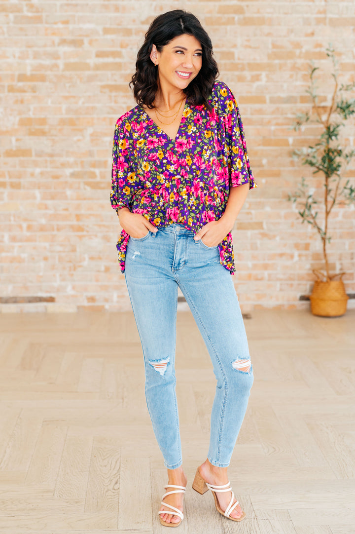 Dreamer Peplum Top in Purple and Pink Floral-Long Sleeve Tops-Inspired by Justeen-Women's Clothing Boutique in Chicago, Illinois