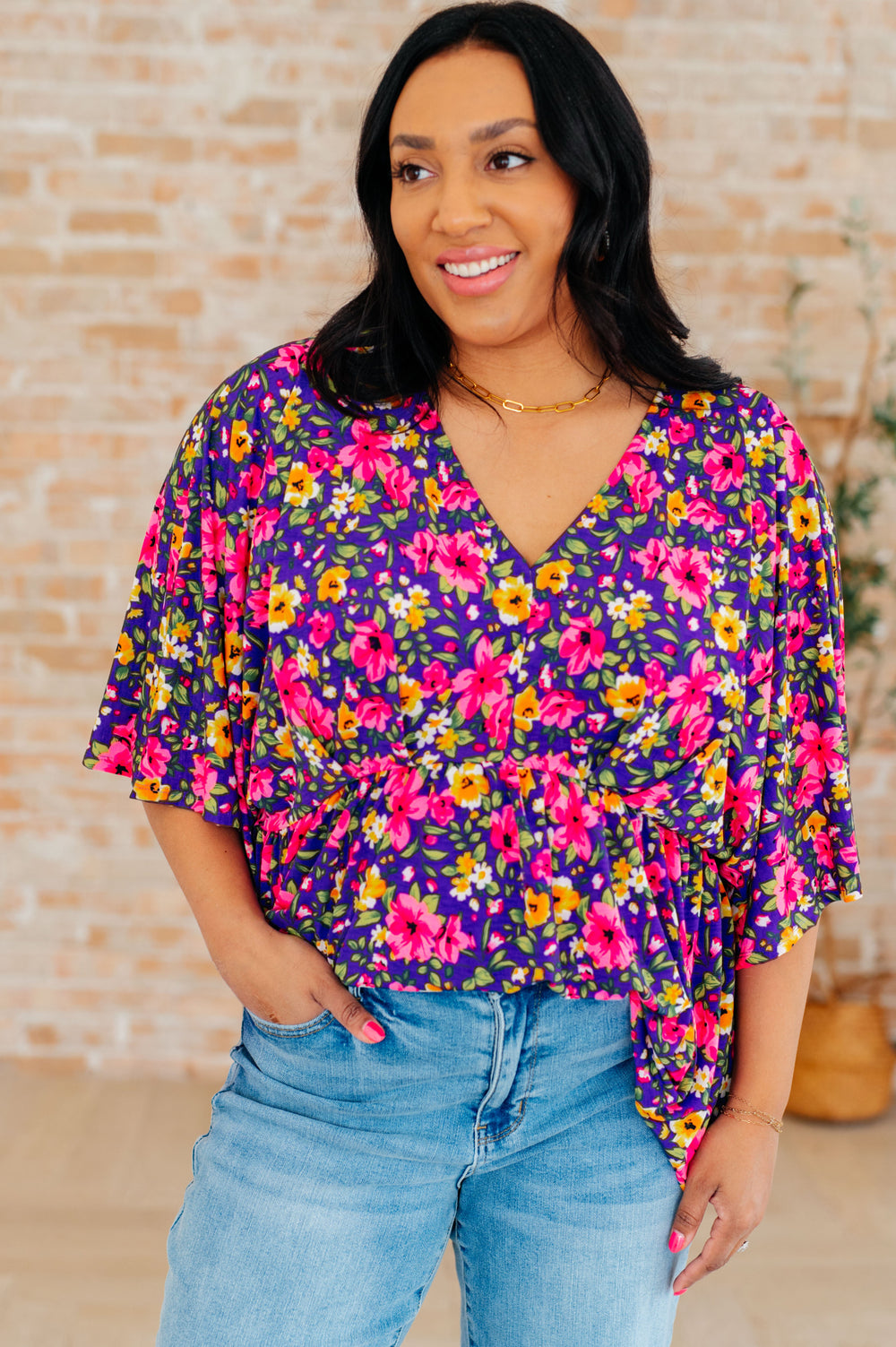 Dreamer Peplum Top in Purple and Pink Floral-Long Sleeve Tops-Inspired by Justeen-Women's Clothing Boutique in Chicago, Illinois