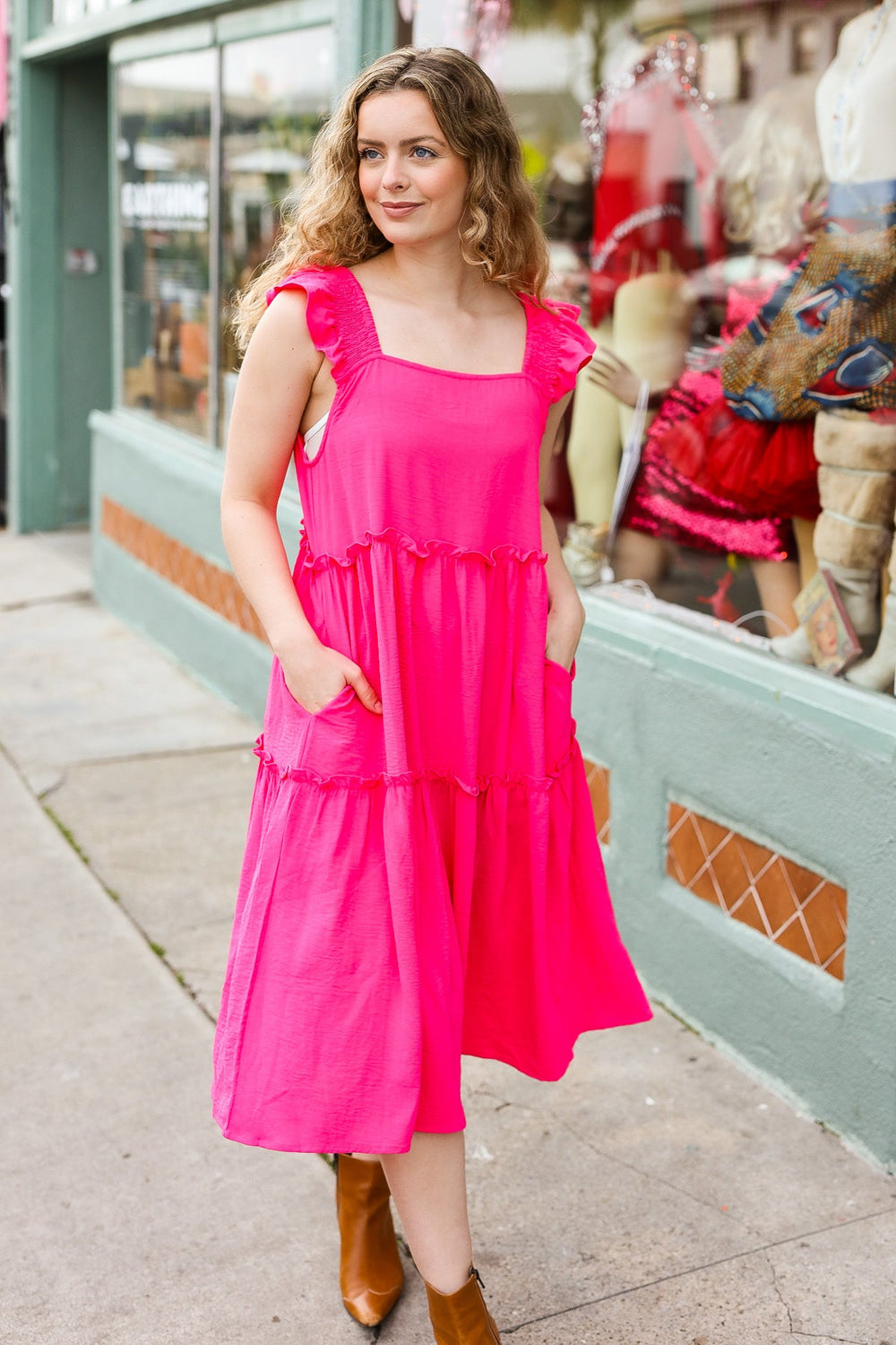 Lots To Love Fuchsia Smocked Flutter Sleeve Tiered Midi Dress-Dresses-Inspired by Justeen-Women's Clothing Boutique in Chicago, Illinois