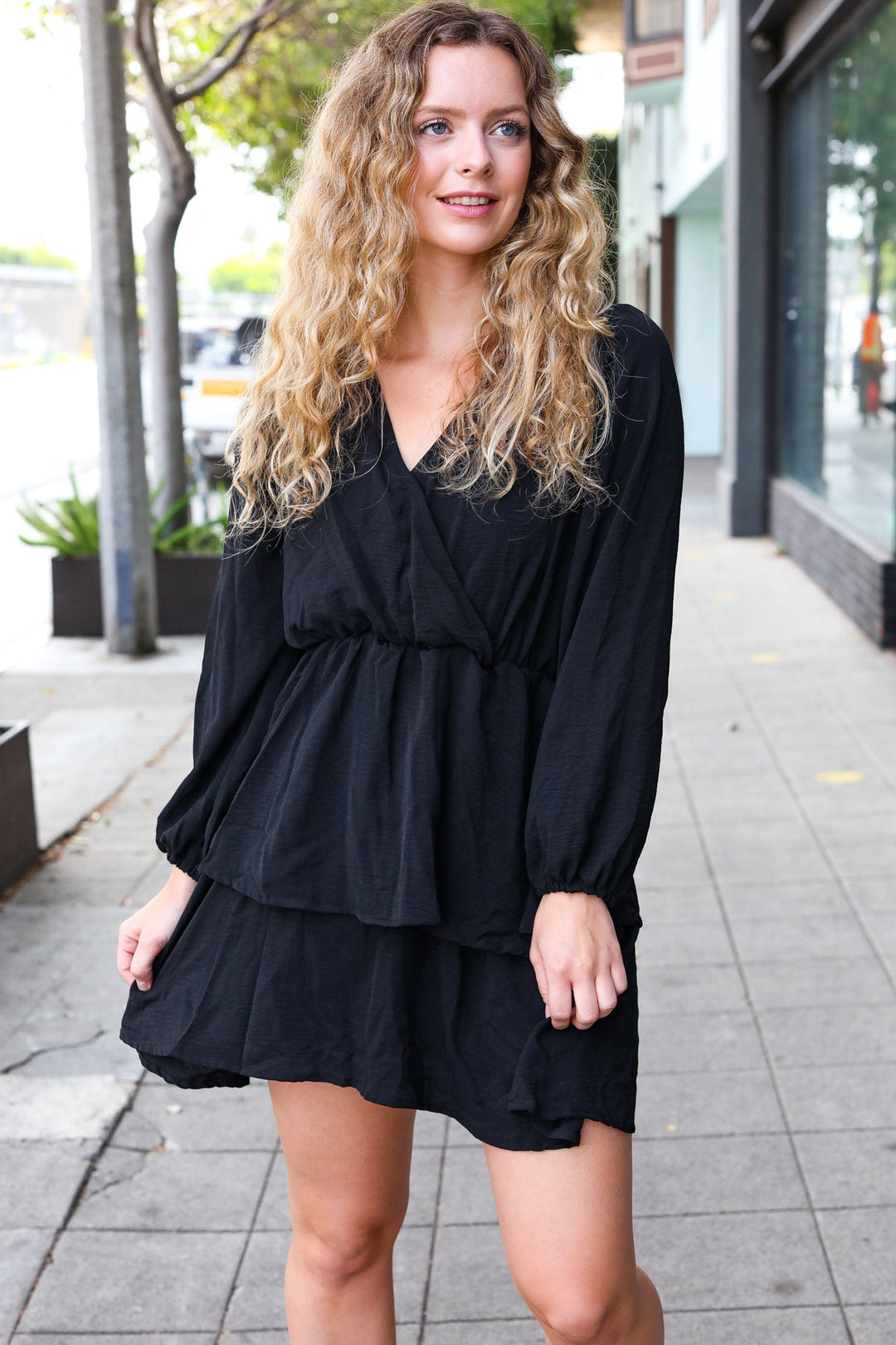 Falling In Love Black Surplice Tiered Woven Dress-Inspired by Justeen-Women's Clothing Boutique