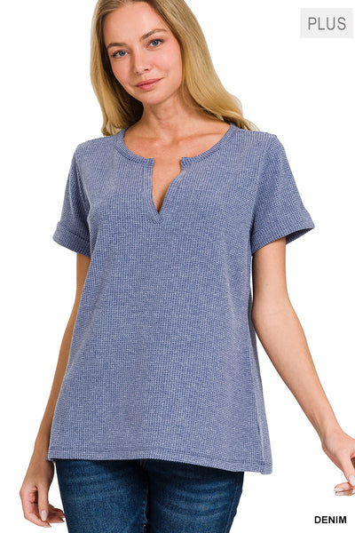 Zenana Rory Baby Waffle Henley Short Sleeve Top-Short Sleeve Tops-Inspired by Justeen-Women's Clothing Boutique in Chicago, Illinois