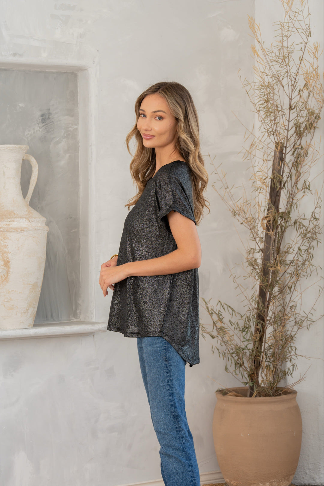 Shimmer Cuffed Top in Black-100 Short Sleeve Tops-Inspired by Justeen-Women's Clothing Boutique