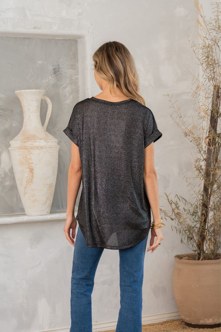 Shimmer Cuffed Top in Black-100 Short Sleeve Tops-Inspired by Justeen-Women's Clothing Boutique