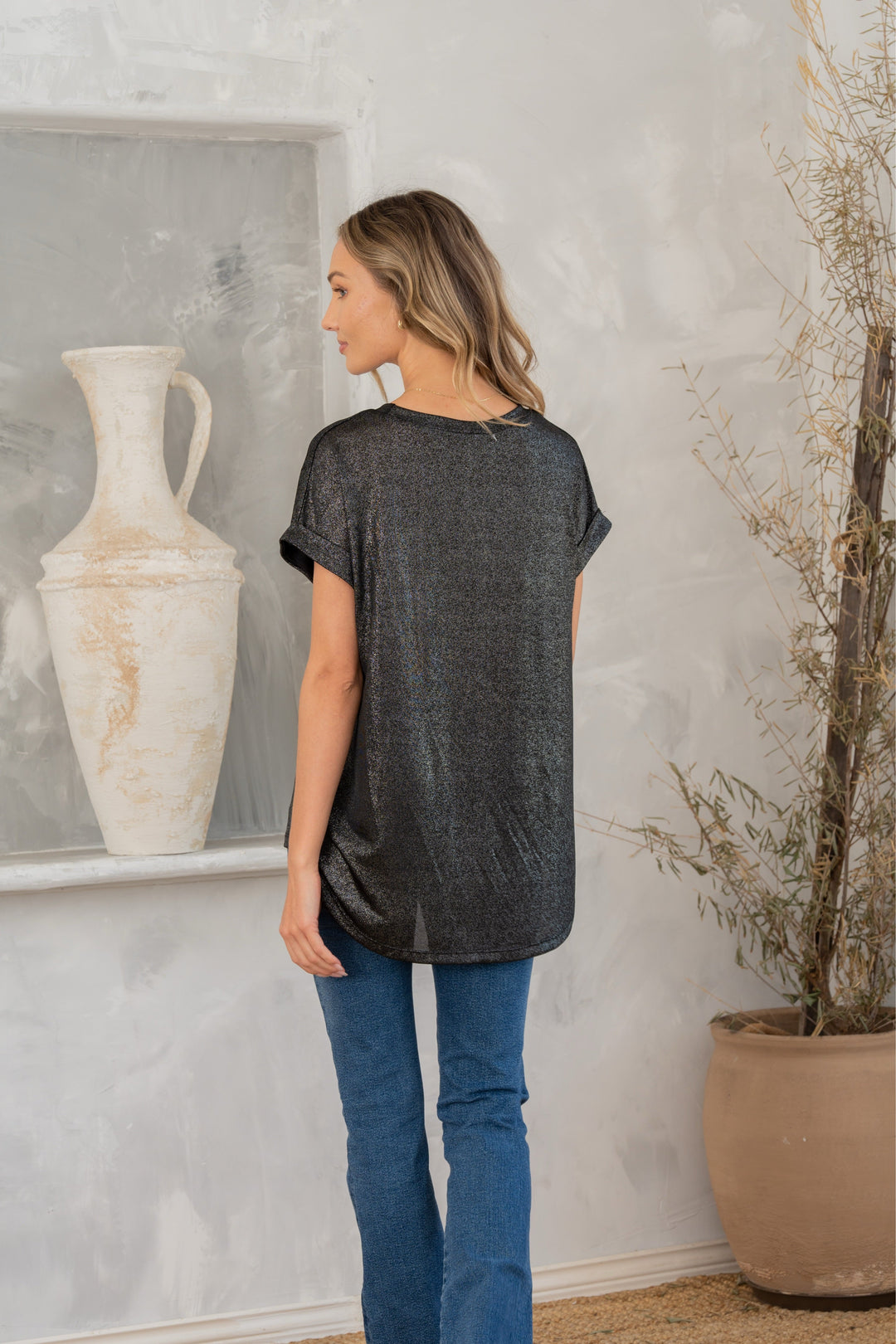 Shimmer Cuffed Top in Black-100 Short Sleeve Tops-Inspired by Justeen-Women's Clothing Boutique