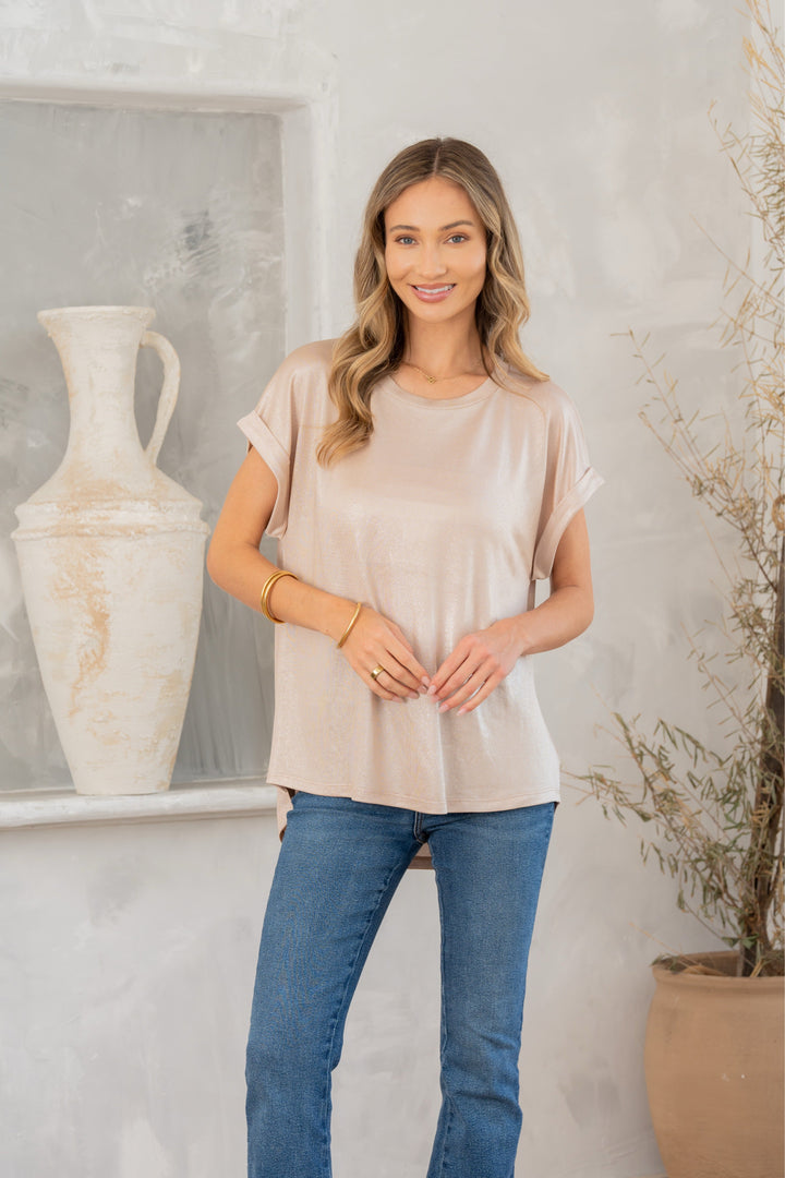 Shimmer Cuffed Top in Taupe-100 Short Sleeve Tops-Inspired by Justeen-Women's Clothing Boutique