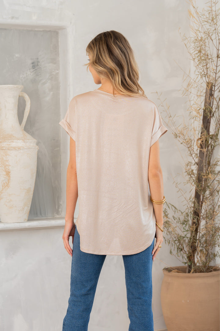 Shimmer Cuffed Top in Taupe-100 Short Sleeve Tops-Inspired by Justeen-Women's Clothing Boutique