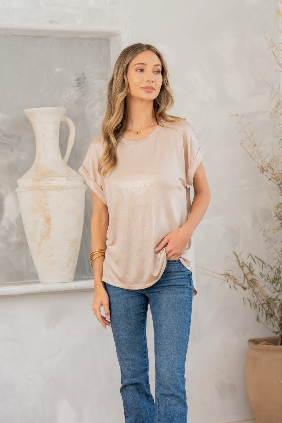 Shimmer Cuffed Top in Taupe-100 Short Sleeve Tops-Inspired by Justeen-Women's Clothing Boutique