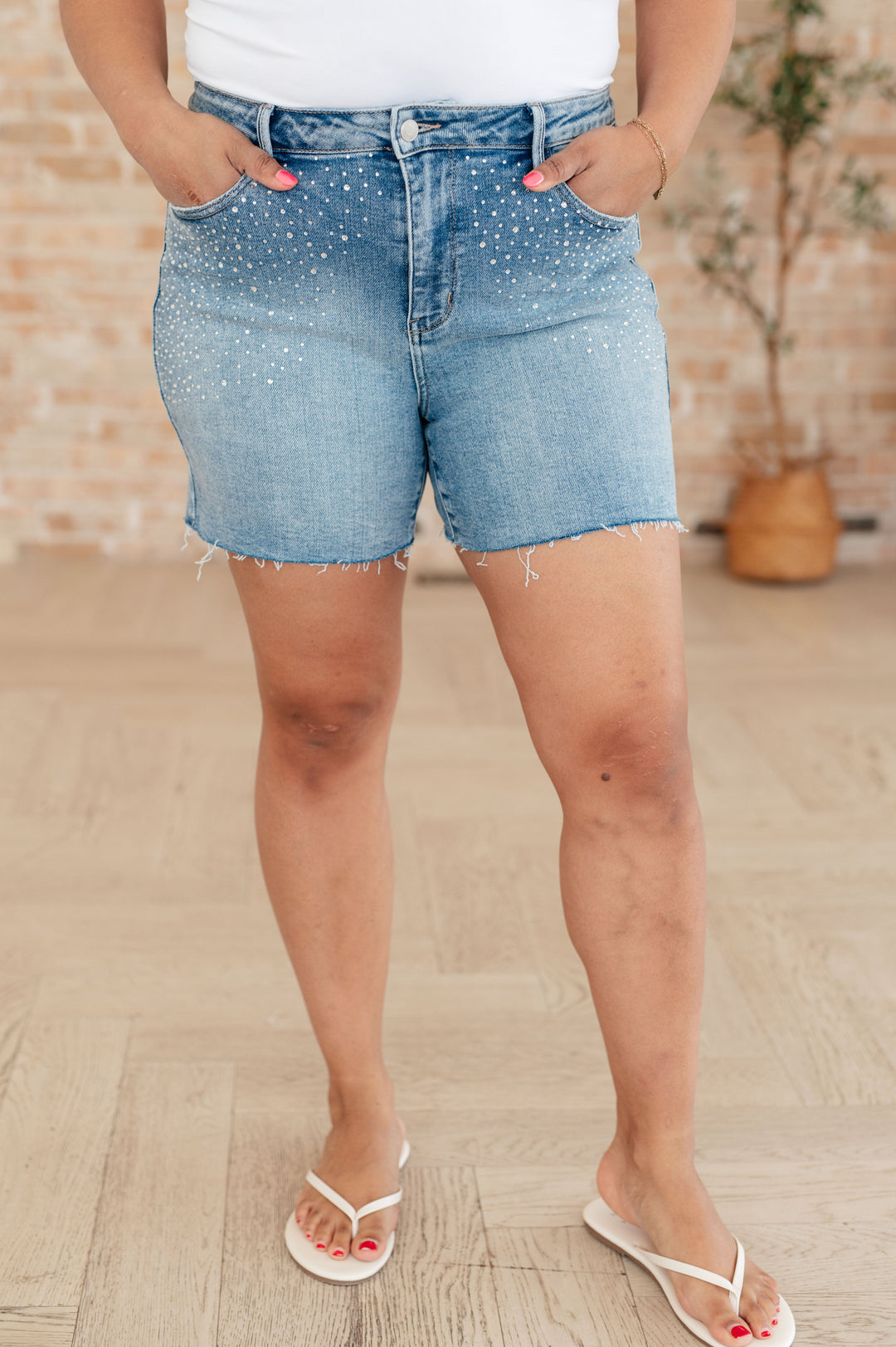 Elle High Rise Rhinestone Cutoff Shorts-Denim-Inspired by Justeen-Women's Clothing Boutique in Chicago, Illinois
