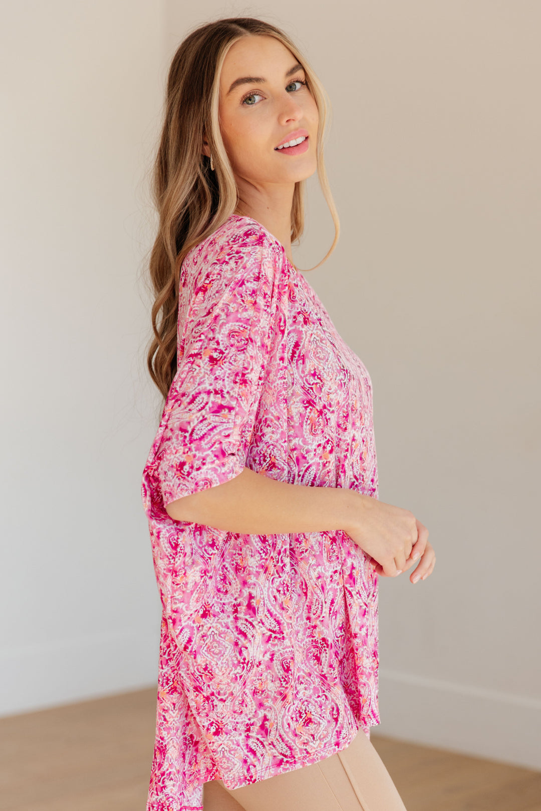 Essential Blouse in Fuchsia and White Paisley-Short Sleeve Tops-Inspired by Justeen-Women's Clothing Boutique