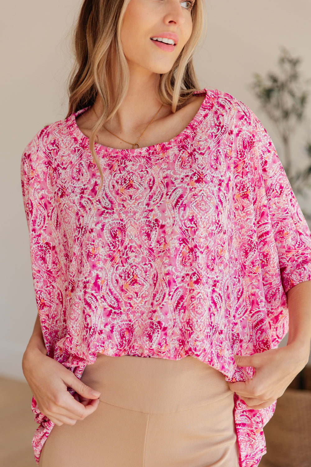 Essential Blouse in Fuchsia and White Paisley-Short Sleeve Tops-Inspired by Justeen-Women's Clothing Boutique in Chicago, Illinois