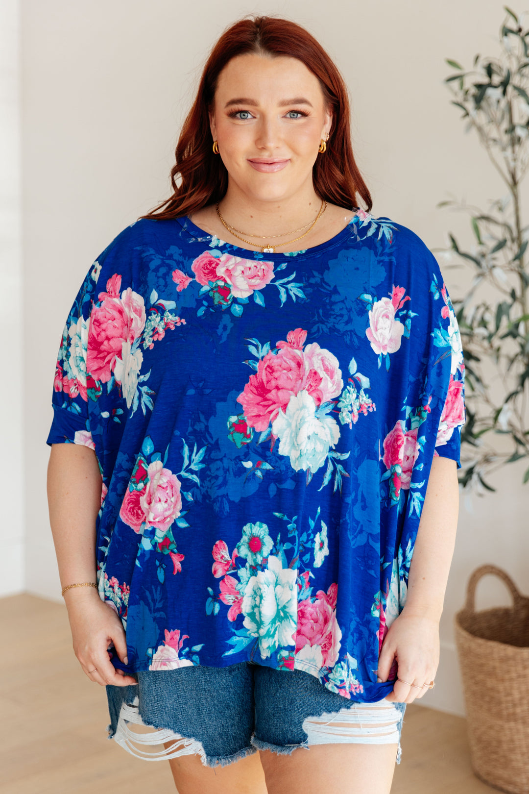 Essential Blouse in Royal and Pink Floral-Short Sleeve Tops-Inspired by Justeen-Women's Clothing Boutique in Chicago, Illinois
