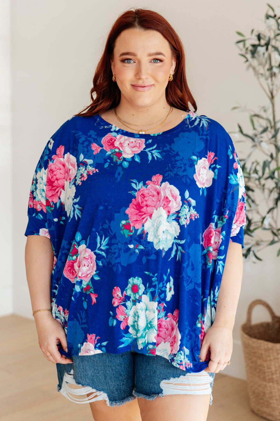 Essential Blouse in Royal and Pink Floral-Short Sleeve Tops-Inspired by Justeen-Women's Clothing Boutique