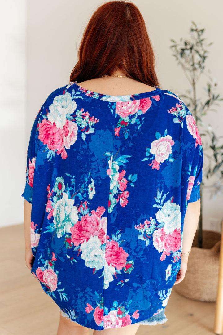 Essential Blouse in Royal and Pink Floral-Short Sleeve Tops-Inspired by Justeen-Women's Clothing Boutique