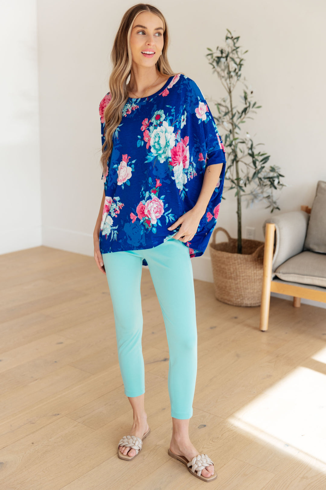 Essential Blouse in Royal and Pink Floral-Short Sleeve Tops-Inspired by Justeen-Women's Clothing Boutique