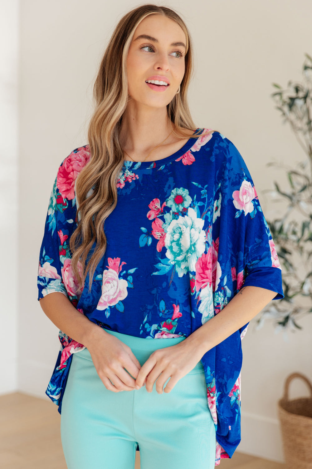 Essential Blouse in Royal and Pink Floral-Short Sleeve Tops-Inspired by Justeen-Women's Clothing Boutique in Chicago, Illinois