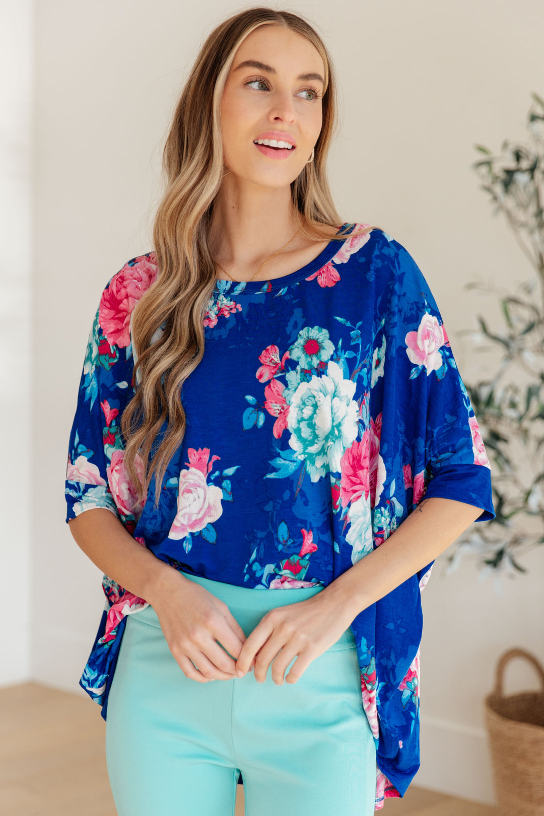 Essential Blouse in Royal and Pink Floral-Short Sleeve Tops-Inspired by Justeen-Women's Clothing Boutique