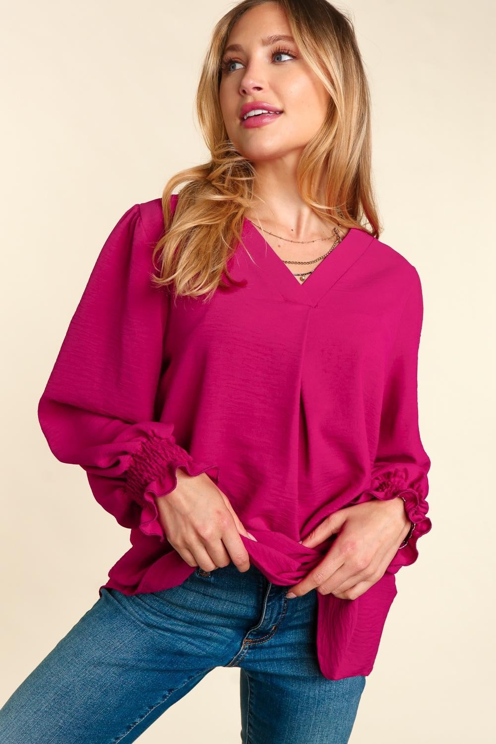 Sam V-neck Banded Tuck Smocked Top, Magenta-Long Sleeve Tops-Inspired by Justeen-Women's Clothing Boutique in Chicago, Illinois