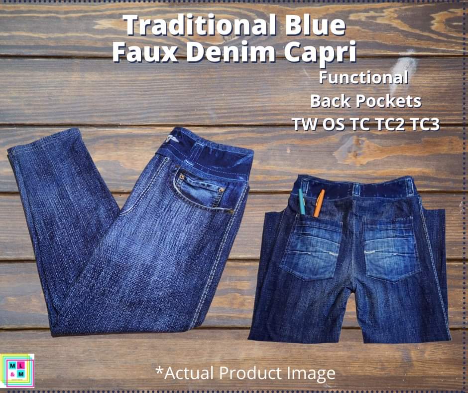 Solid Blue Capri Faux Denim Leggings-LEGGINGS & CAPRIS-Inspired by Justeen-Women's Clothing Boutique in Chicago, Illinois