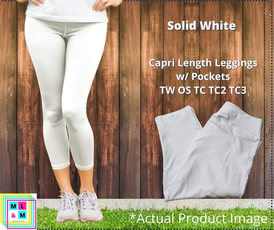 Solid White Capri Leggings w/ Pockets by ML&M-Leggings-Inspired by Justeen-Women's Clothing Boutique in Chicago, Illinois