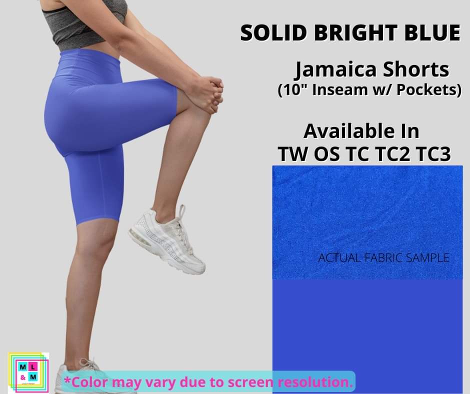 Solid Bright Blue 10" Jamaica Shorts-Leggings-Inspired by Justeen-Women's Clothing Boutique in Chicago, Illinois