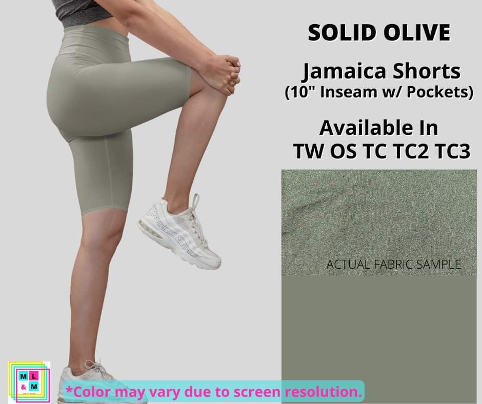 Solid Olive 10" Jamaica Shorts-Shorts-Inspired by Justeen-Women's Clothing Boutique in Chicago, Illinois