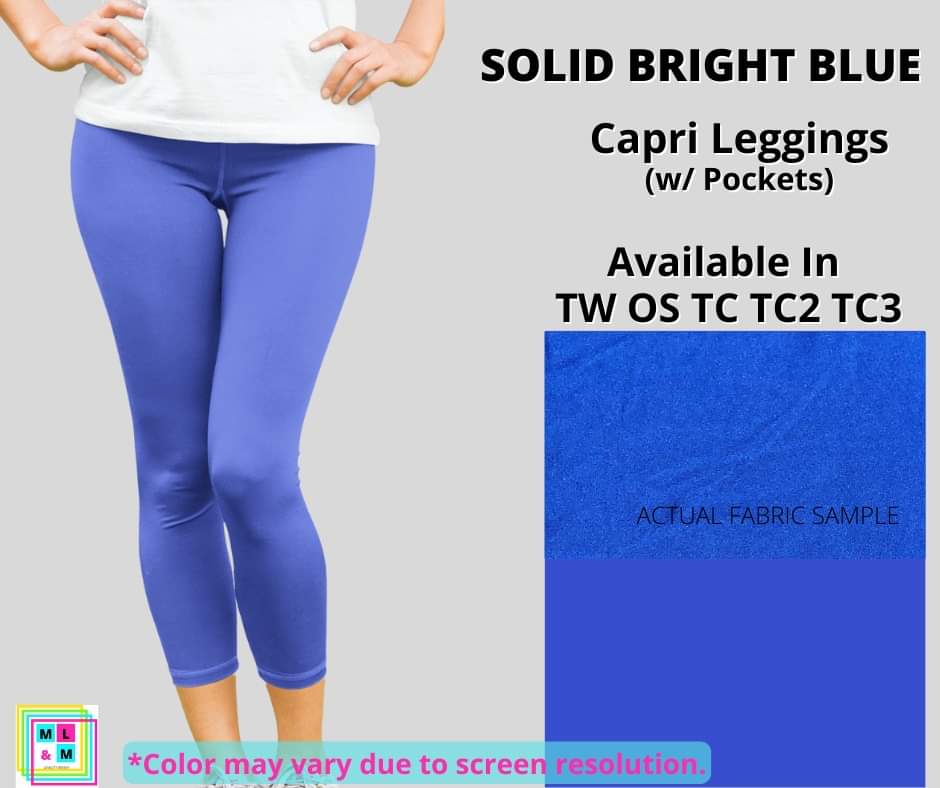 Solid Bright Blue Capri Leggings w/ Pockets-Leggings-Inspired by Justeen-Women's Clothing Boutique in Chicago, Illinois