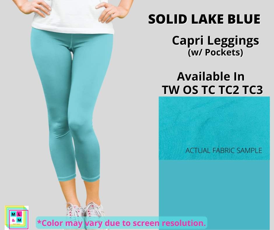 Solid Lake Blue Capri Leggings w/ Pockets-Leggings-Inspired by Justeen-Women's Clothing Boutique in Chicago, Illinois