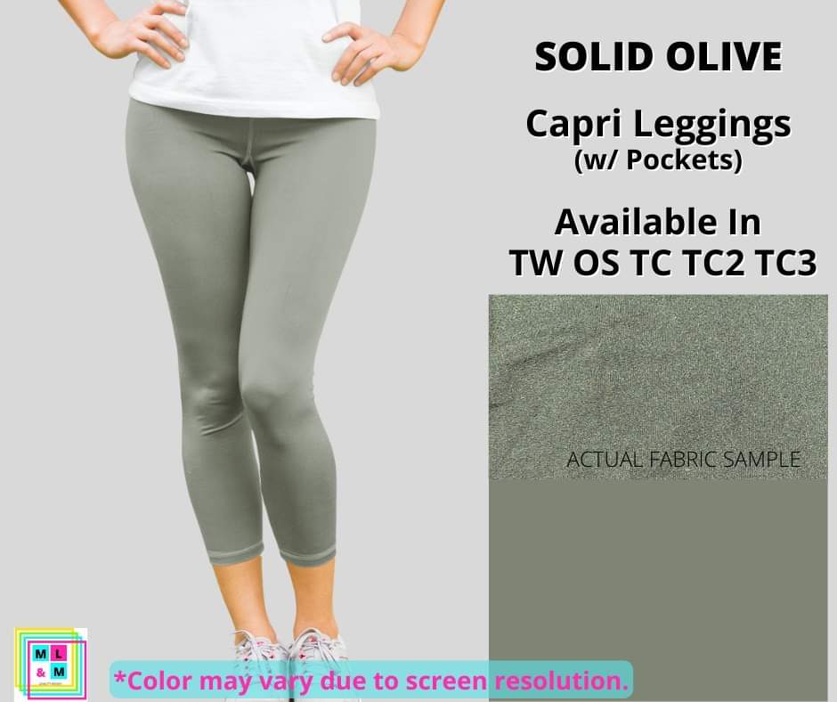 Solid Olive Capri Leggings w/ Pockets-Leggings-Inspired by Justeen-Women's Clothing Boutique in Chicago, Illinois