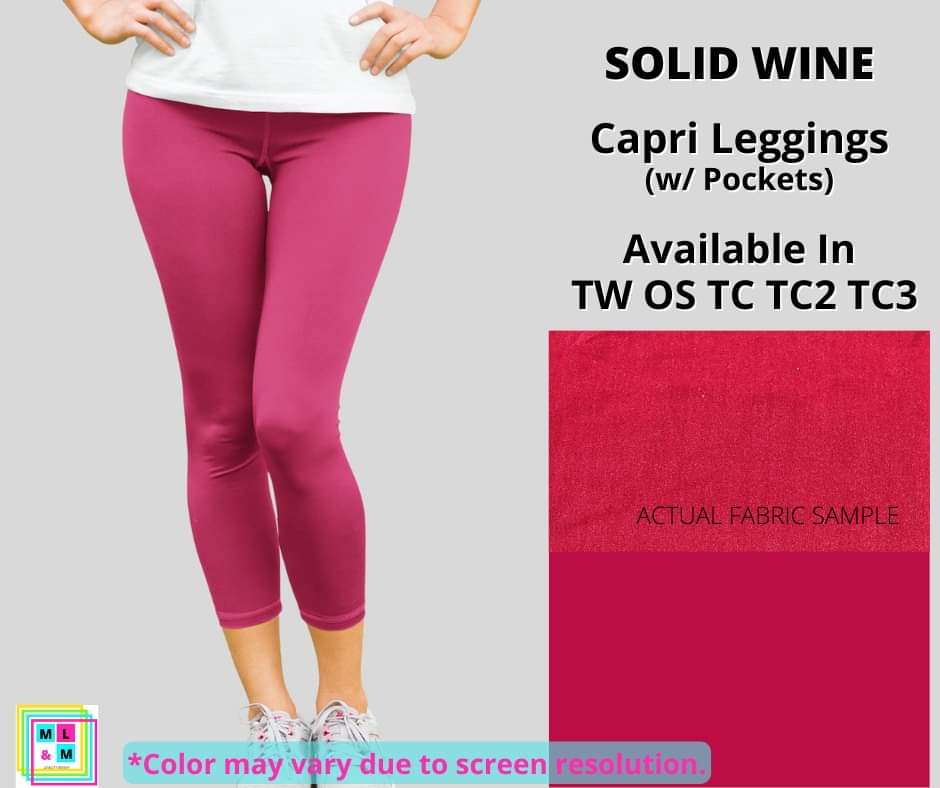Solid Wine Capri Leggings w/ Pockets-Leggings-Inspired by Justeen-Women's Clothing Boutique in Chicago, Illinois