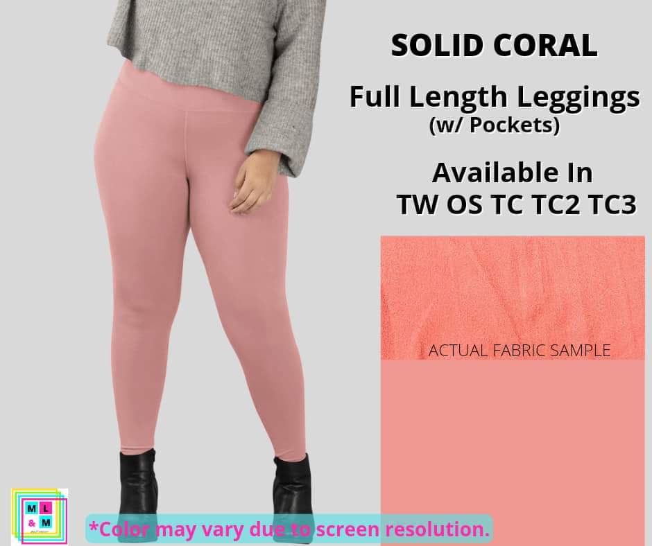 Solid Coral Full Length w/ Pockets-Leggings-Inspired by Justeen-Women's Clothing Boutique in Chicago, Illinois