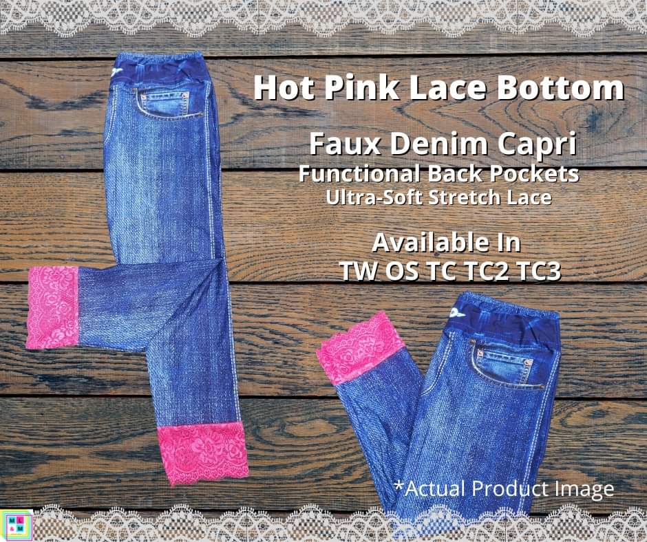 Blue Faux Denim Capris w/ Hot Pink Lace-Leggings-Inspired by Justeen-Women's Clothing Boutique in Chicago, Illinois