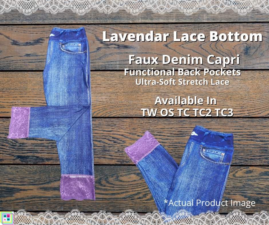 Blue Faux Denim Capris w/ Lavendar Lace-Leggings-Inspired by Justeen-Women's Clothing Boutique in Chicago, Illinois