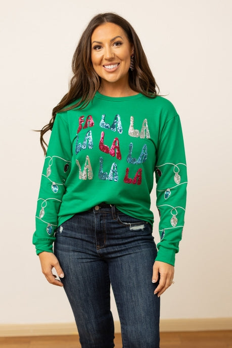 Fa La La Sequins Green Sweater-Sweaters/Sweatshirts-Inspired by Justeen-Women's Clothing Boutique