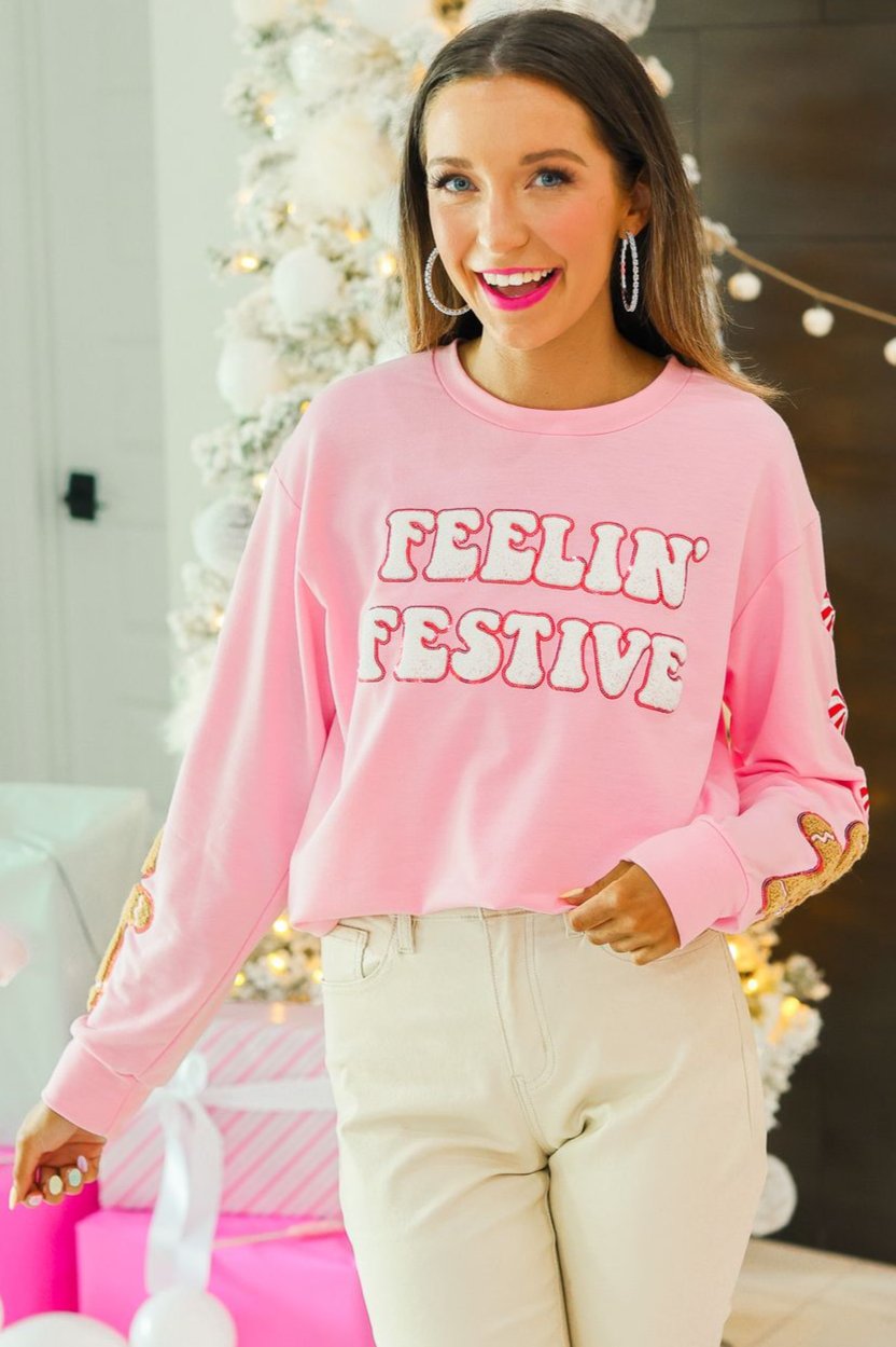 Feelin Festive Pink Sweater-Sweaters/Sweatshirts-Inspired by Justeen-Women's Clothing Boutique