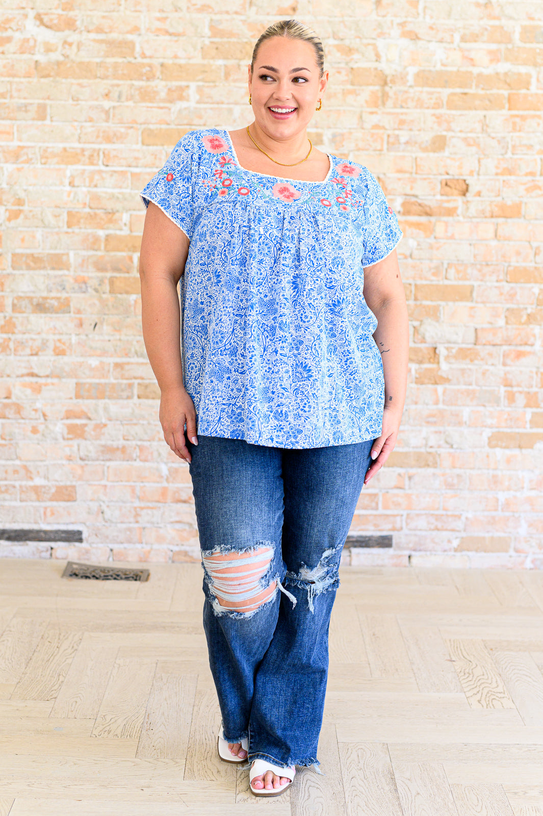 Floral Goals Blouse in Royal-Short Sleeve Tops-Inspired by Justeen-Women's Clothing Boutique