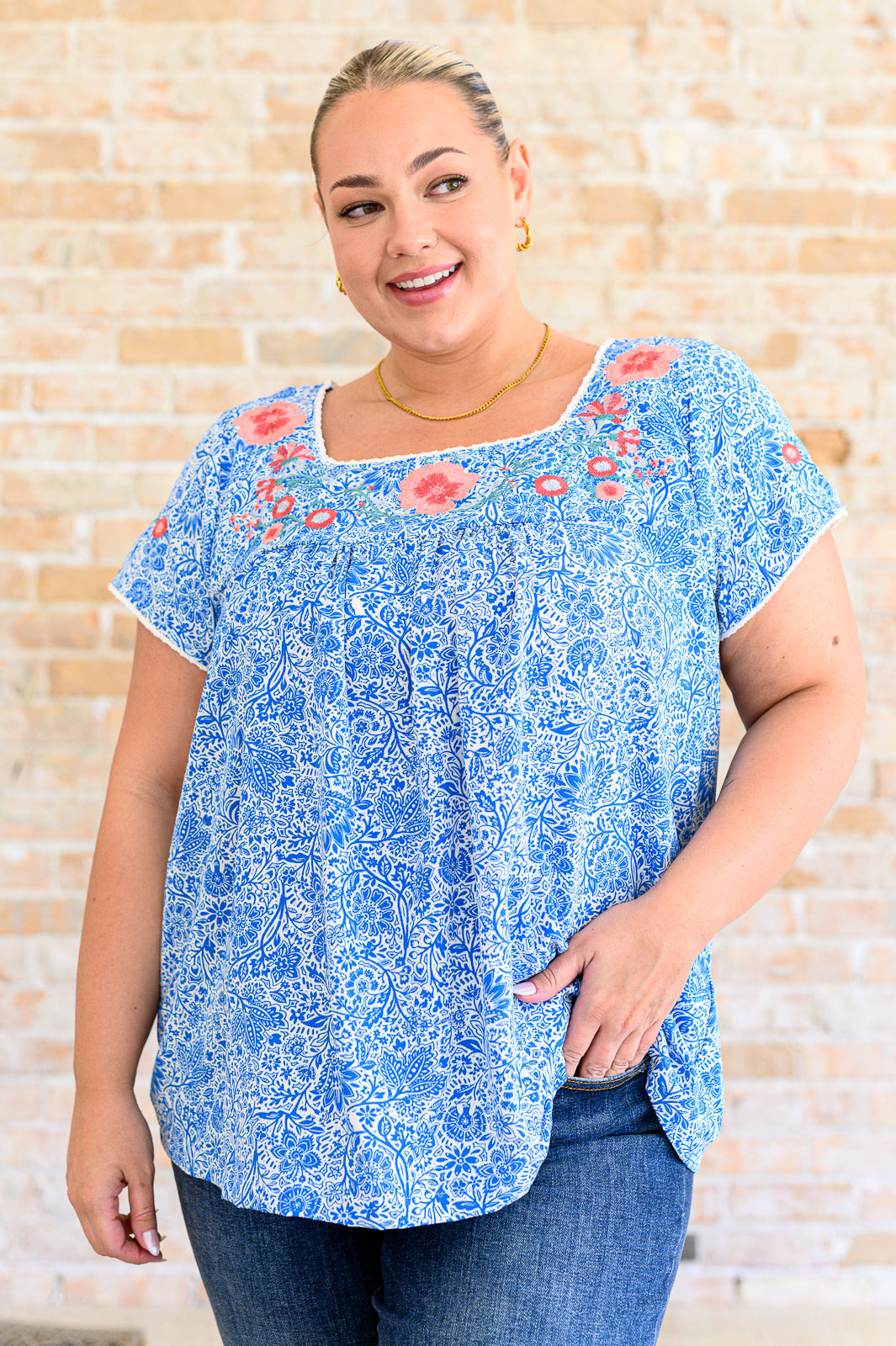 Floral Goals Blouse in Royal-Short Sleeve Tops-Inspired by Justeen-Women's Clothing Boutique