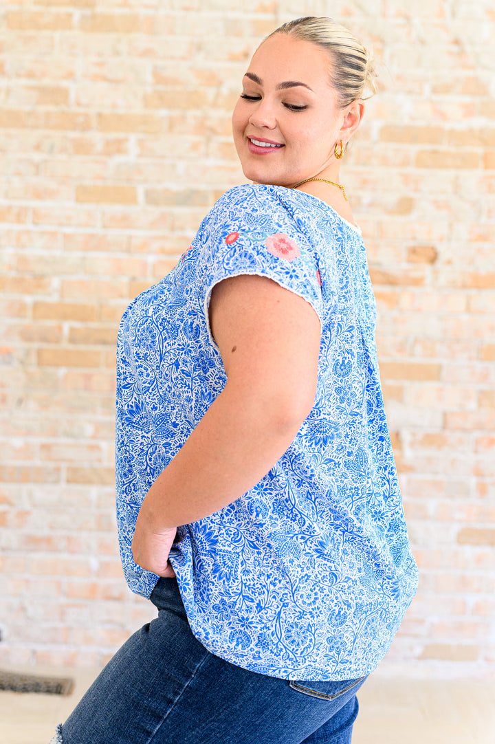 Floral Goals Blouse in Royal-Short Sleeve Tops-Inspired by Justeen-Women's Clothing Boutique