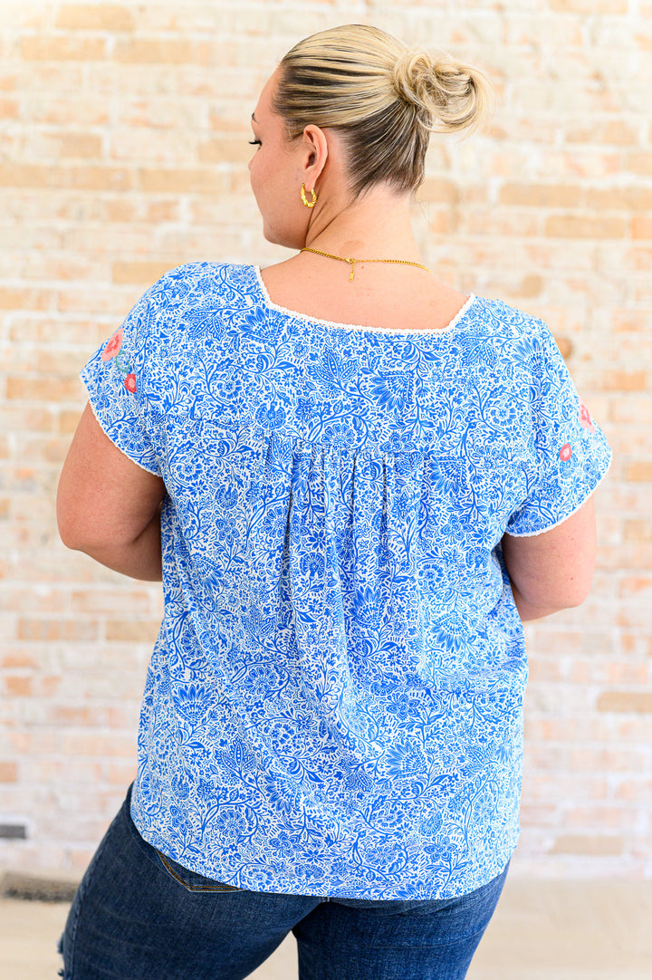 Floral Goals Blouse in Royal-Short Sleeve Tops-Inspired by Justeen-Women's Clothing Boutique