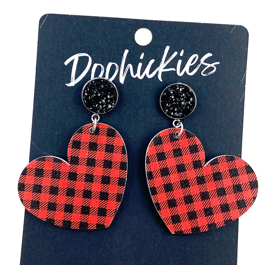 2" Buffalo Plaid Acrylic Heart Valentine Dangles-Inspired by Justeen-Women's Clothing Boutique